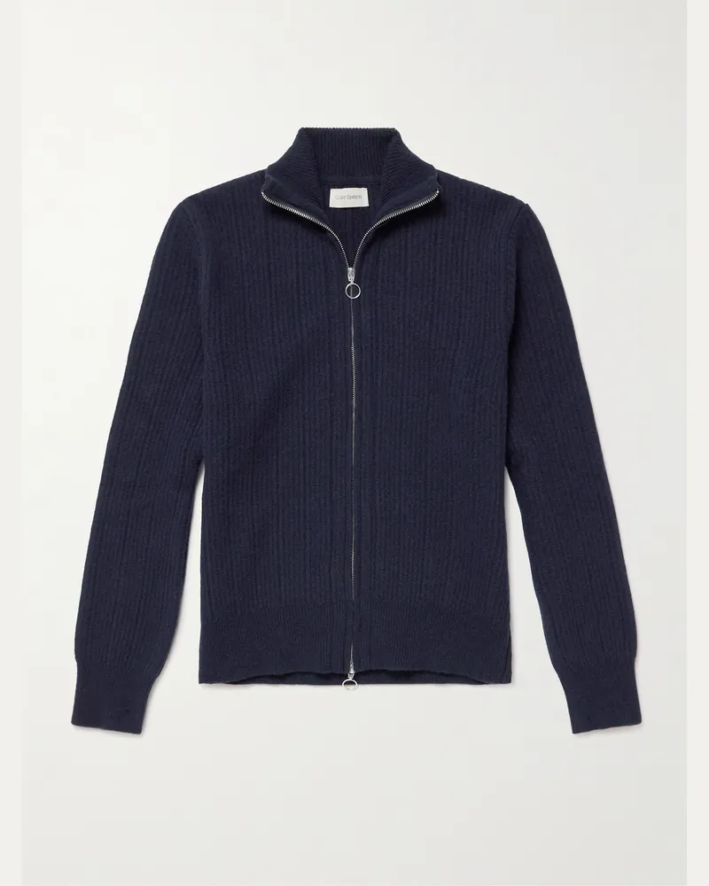 Oliver Spencer Kilbridge Cardigan aus Wolle in Rippstrick mit Reißverschluss Blau