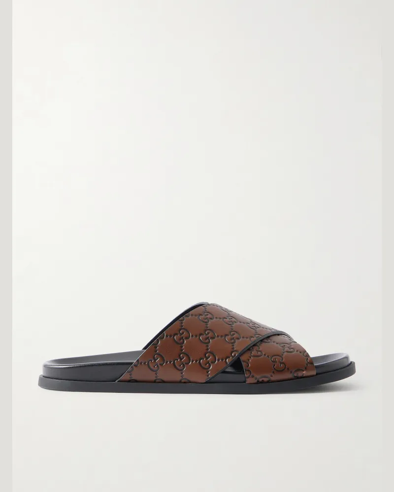 Gucci Logo-Embossed Leather Sandals Brown