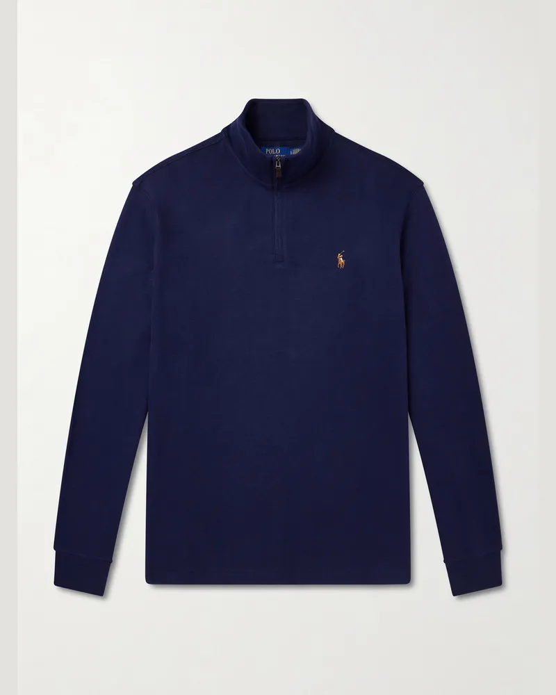 Ralph Lauren Logo-Embroidered Cotton-Jersey Half-Zip Sweater Blue