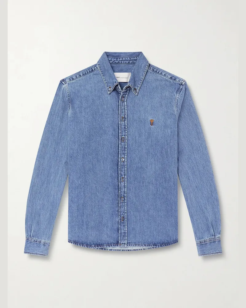 AMI Paris Jeanshemd mit Logostickerei und Button-Down-Kragen Blau