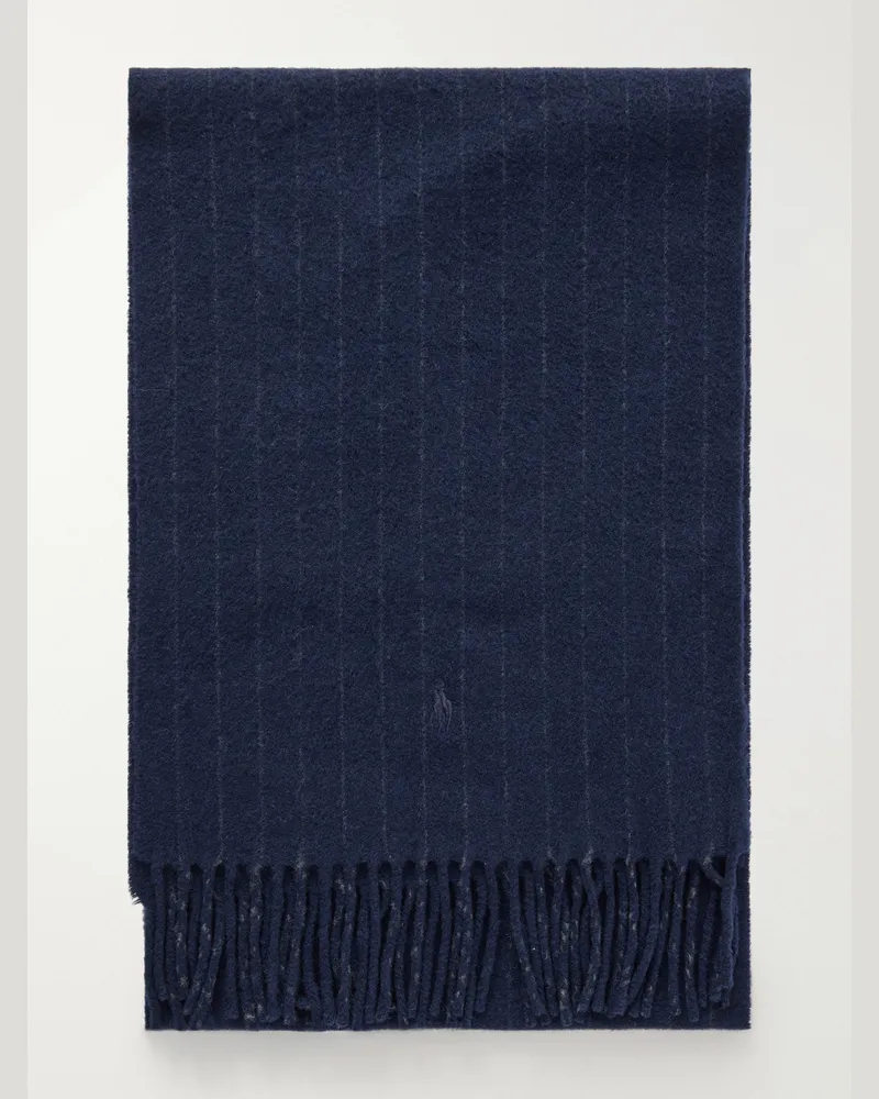 Ralph Lauren Fringed Logo-Embroidered Recycled Cashmere and Wool-Blend Scarf Blue