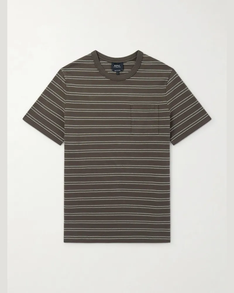 A.P.C. Logo-Embroidered Striped Organic and Recycled Cotton-Jersey T-Shirt Brown