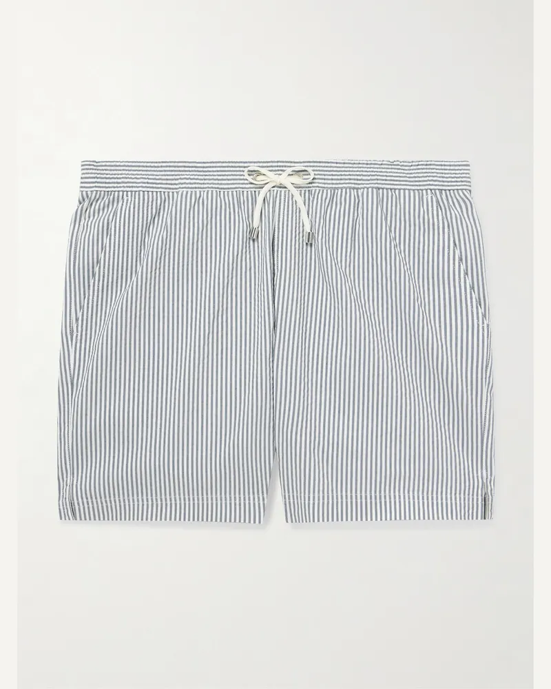 Sunspel Gerade geschnittene mittellange Badeshorts aus gestreiftem Seersucker aus einer SEAQUAL®-Mischung Blau