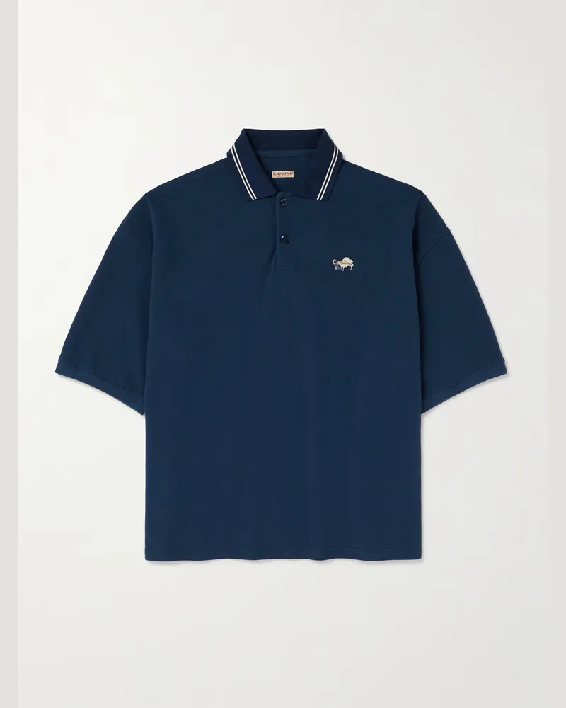 KAPITAL Box Striped Embroidered Cotton-Piqué Polo Shirt Blue