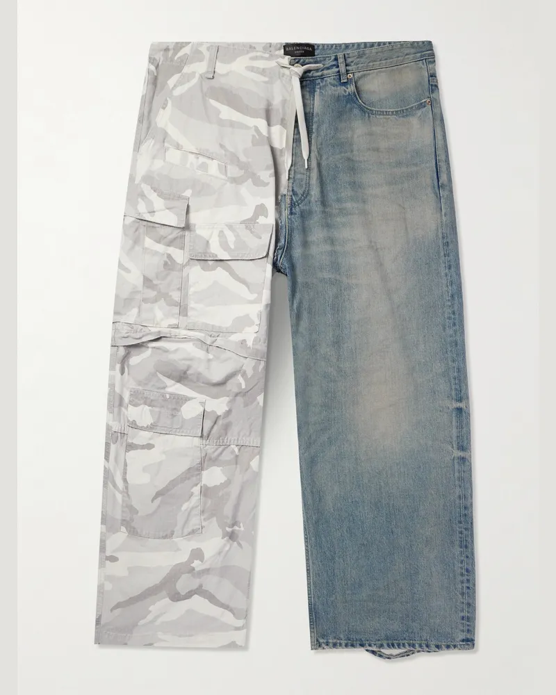 Balenciaga Hybrid Wide-Leg Ripstop and Distressed Denim Drawstring Trousers Blue