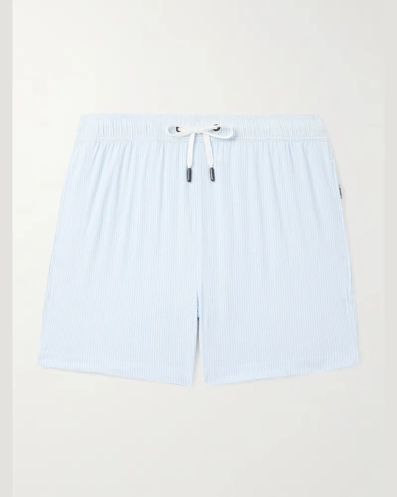 Onia Charles schmal geschnittene kurze Badeshorts aus gestreiftem Seersucker Blau