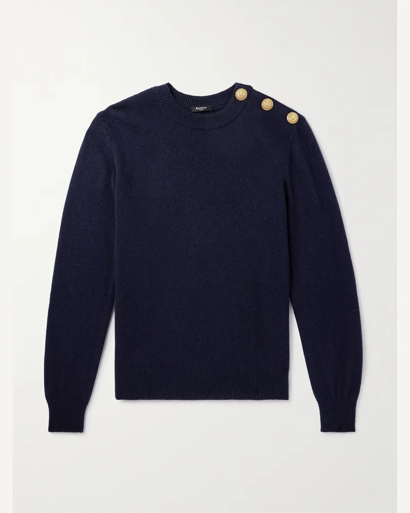 Balmain Pullover aus einer recycelten Kaschmir-Wollmischung mit Zierknöpfen Blau