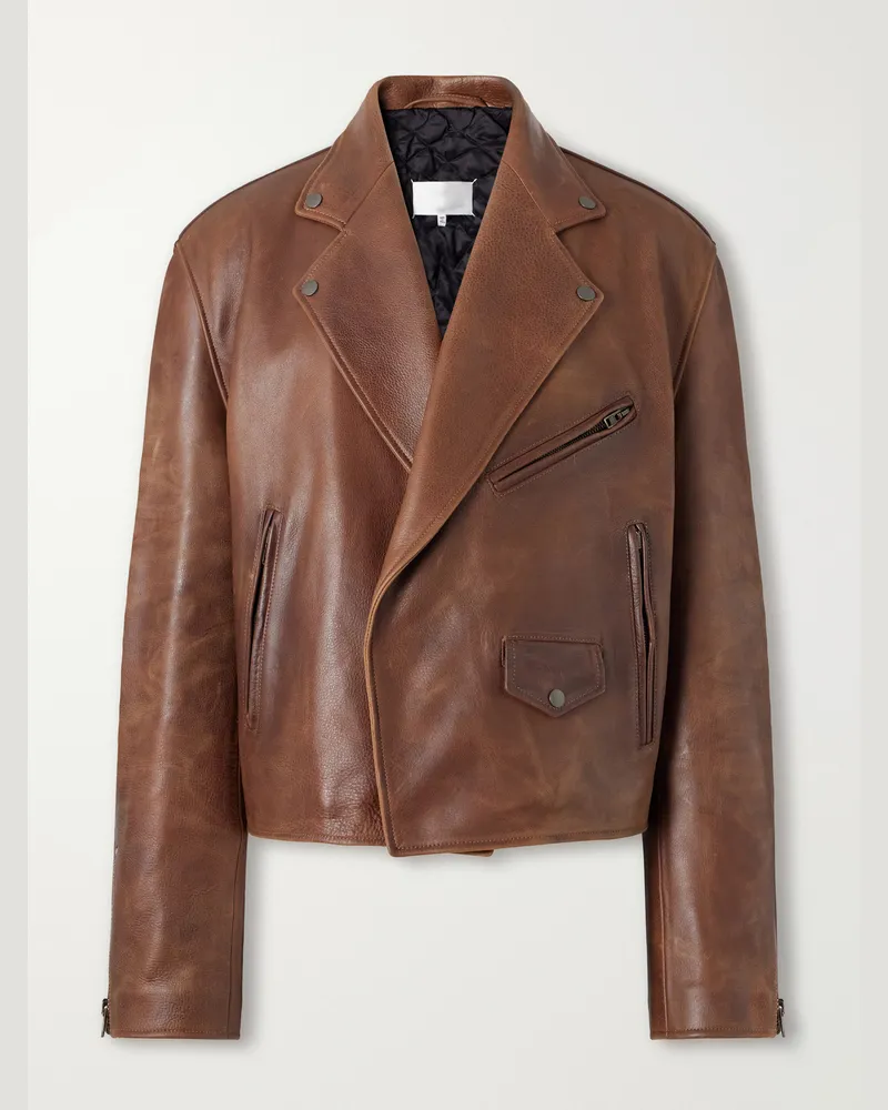 Maison Margiela Cropped Distressed Full-Grain Leather Biker Jacket Brown