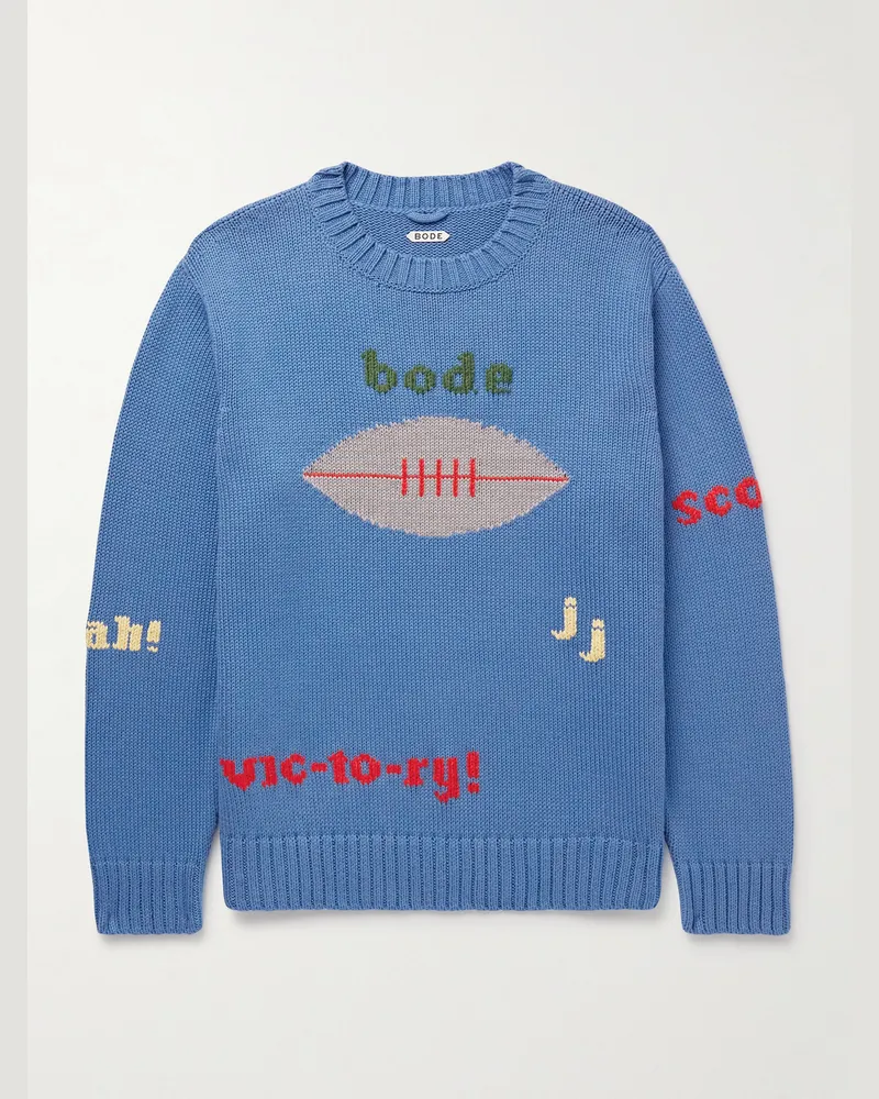 BODE Spirit Intarsia-Knit Pima Cotton and Merino Wool-Blend Sweater Blue