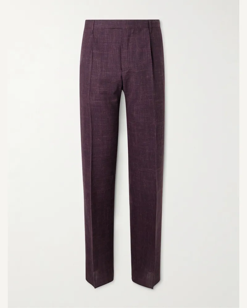 MR P. Mike Straight-Leg Pleated Wool, Silk and Linen-Blend Suit Trousers Burgundy