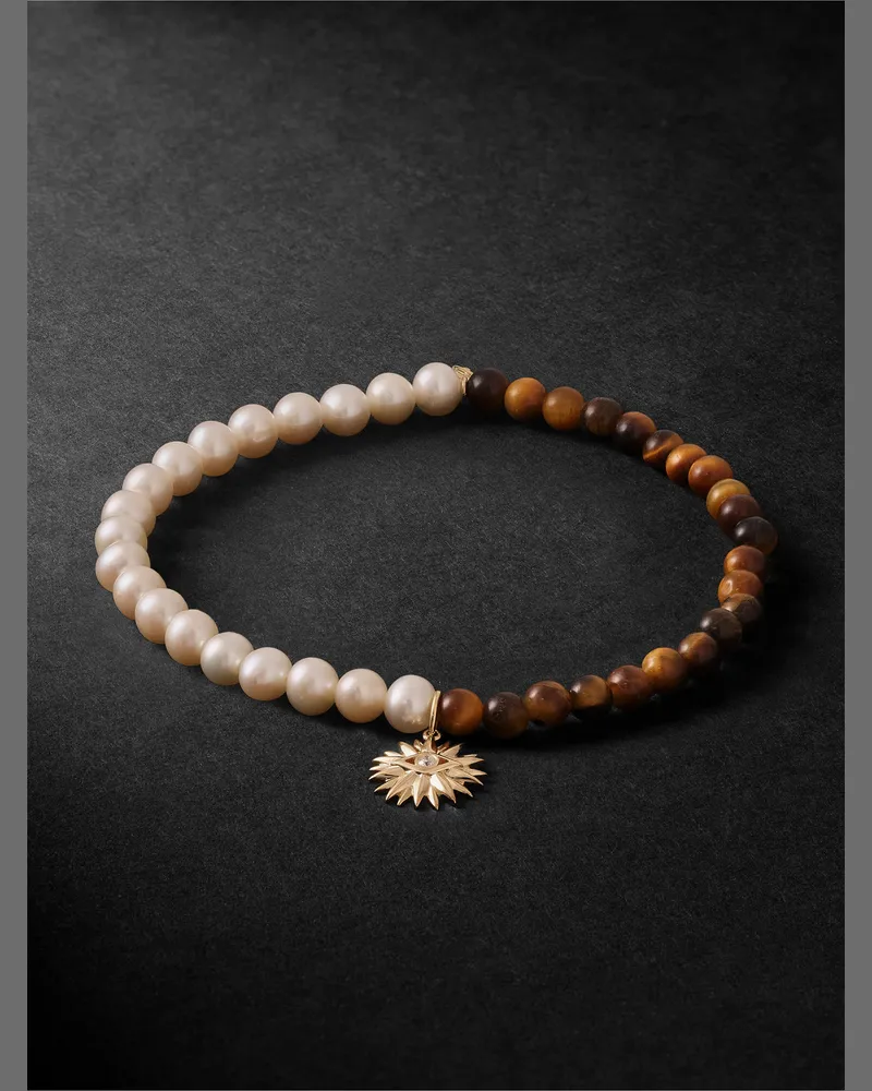 Sydney Evan Evil Eye Petals Armband mit Zierperlen aus Tigerauge, Perlen und Details aus 14 Karat Gold Neutral