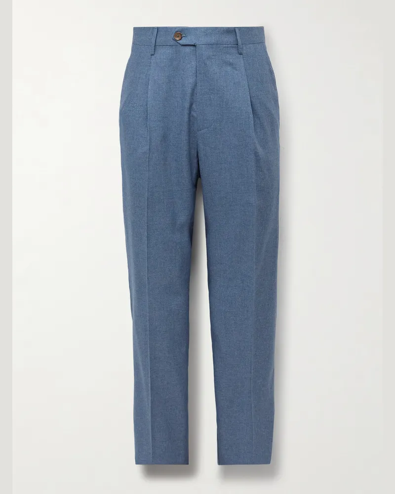 Etro Straight-Leg Pleated Silk and Cashmere-Blend Trousers Blue