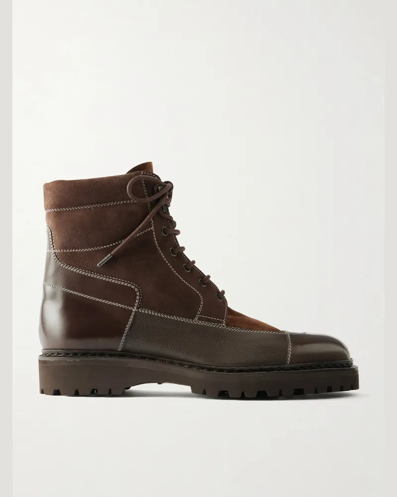 John Lobb Peak Patchwork Leather, Suede and Nubuck Lace-Up Boots Brown