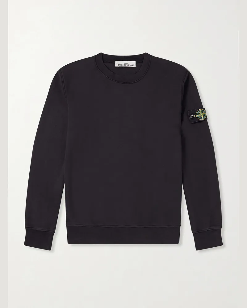 Stone Island Logo-Appliquéd Garment-Dyed Cotton-Fleece Sweatshirt Black