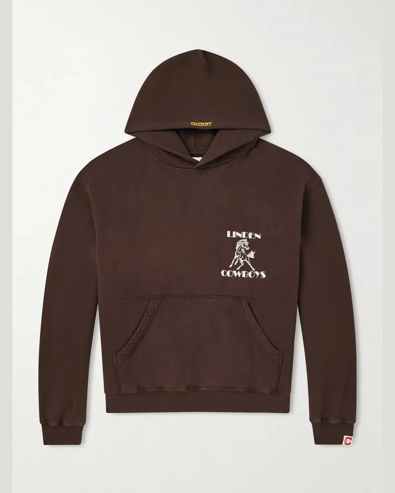 Cherry Los Angeles Cowboys Logo-Embroidered Printed Cotton-Jersey Hoodie Brown