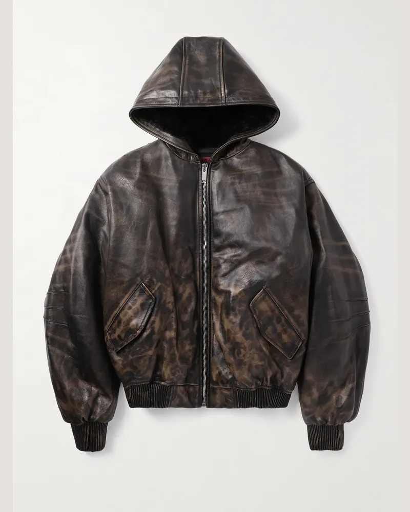 FourTwoFour on Fairfax Verkürzte Bomberjacke aus wattiertem Leder mit Kapuze und Leopardenprint Schwarz