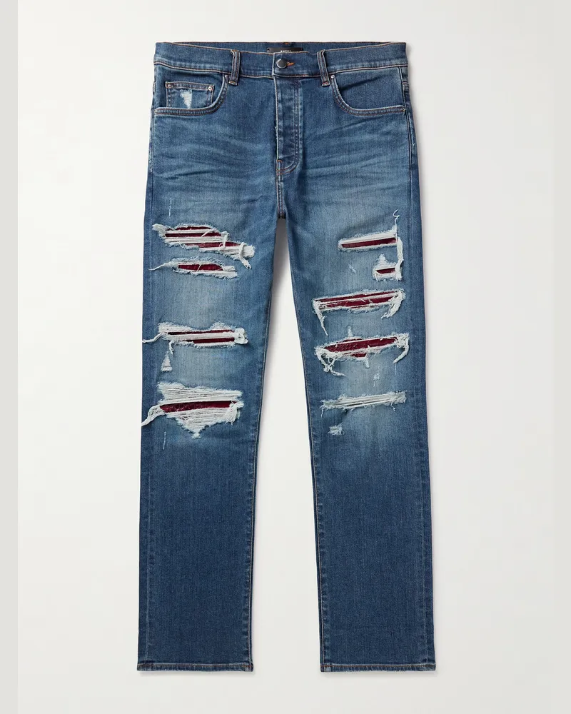 Amiri Thrasher Slim-Fit Distressed Croc-Effect Leather-Trimmed Panelled Jeans Blue