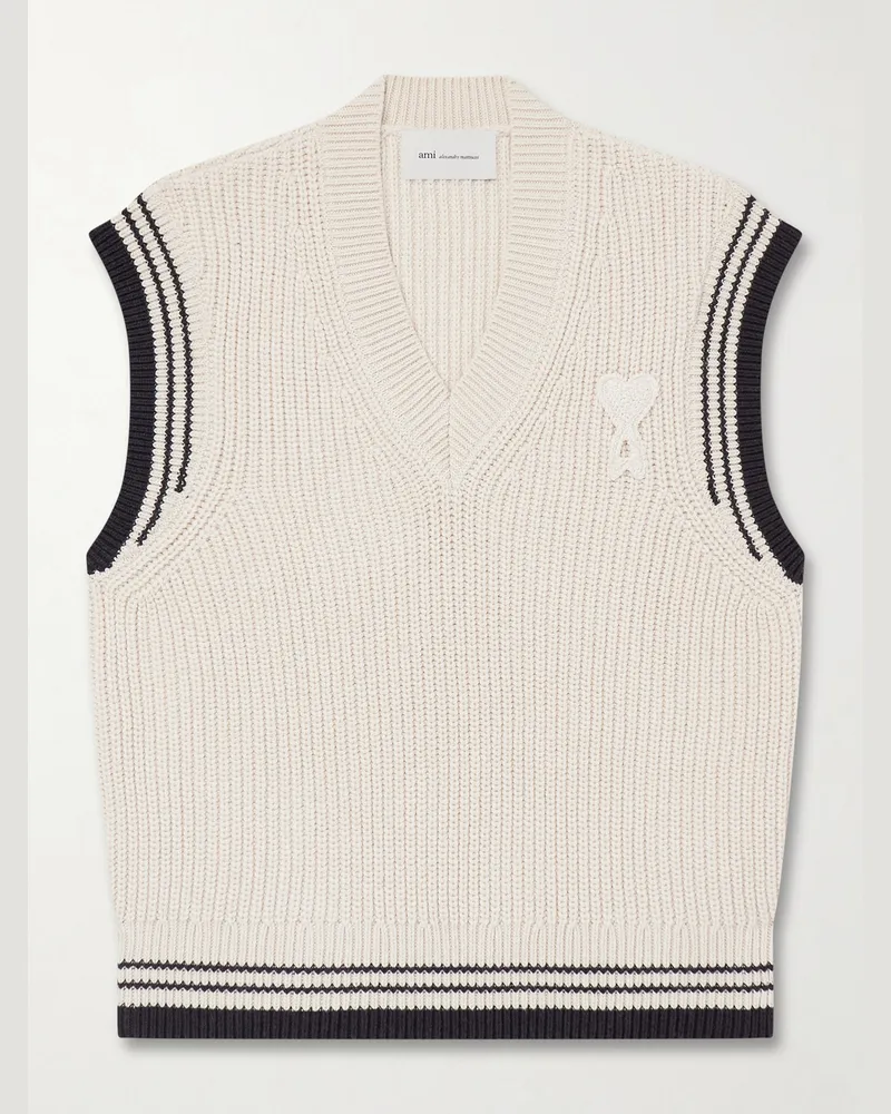 AMI Paris Logo-Appliquéd Striped Ribbed Wool and Cotton-Blend Vest White