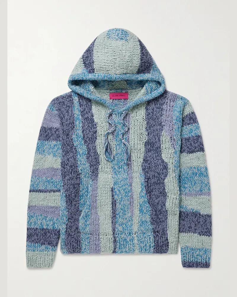 The Elder Statesman Tasselled Striped Crocheted Organic Cotton Hoodie Blue