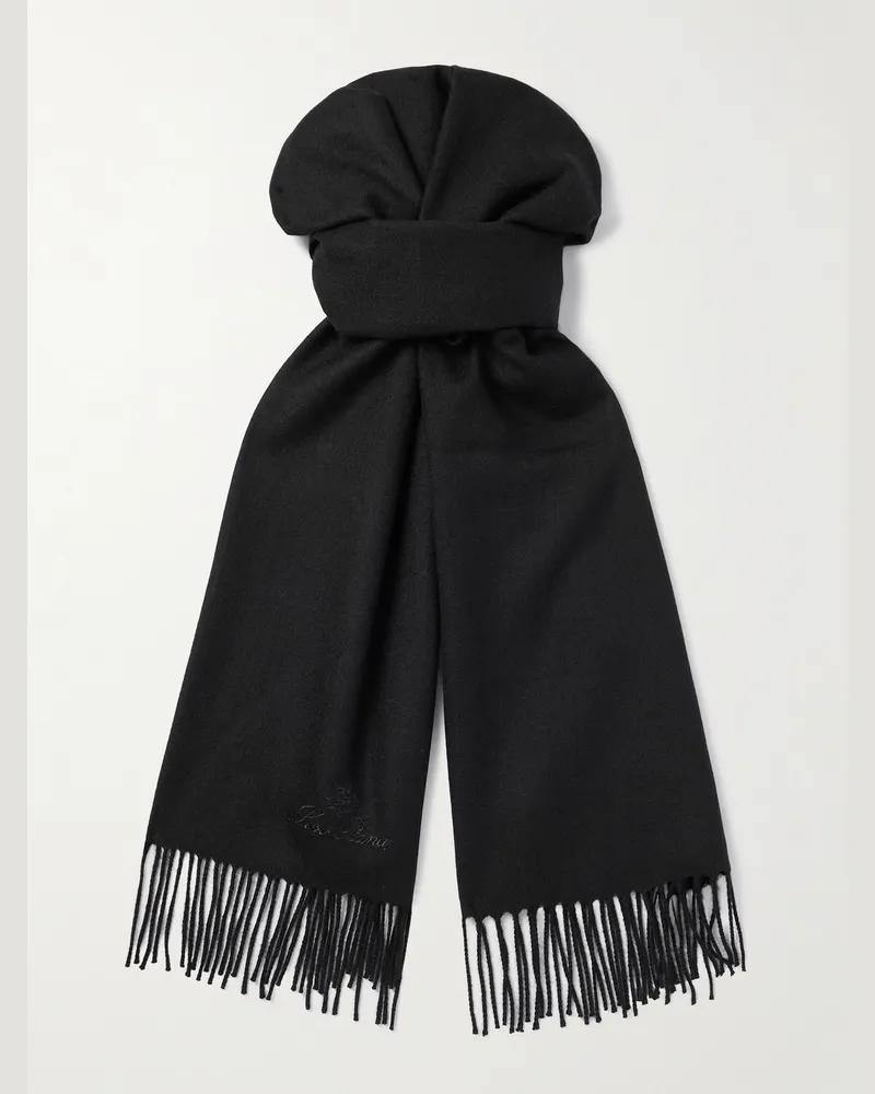 Loro Piana Schal aus Kaschmir mit Fischgratmuster, Fransen und Logostickerei Schwarz
