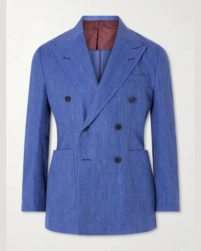 Rubinacci Double-Breasted Linen and Wool-Blend Suit Jacket Blue
