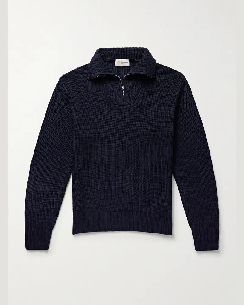 Officine Generale Tarek Pullover aus Merinowolle in Rippstrick mit kurzem Reißverschluss Blau