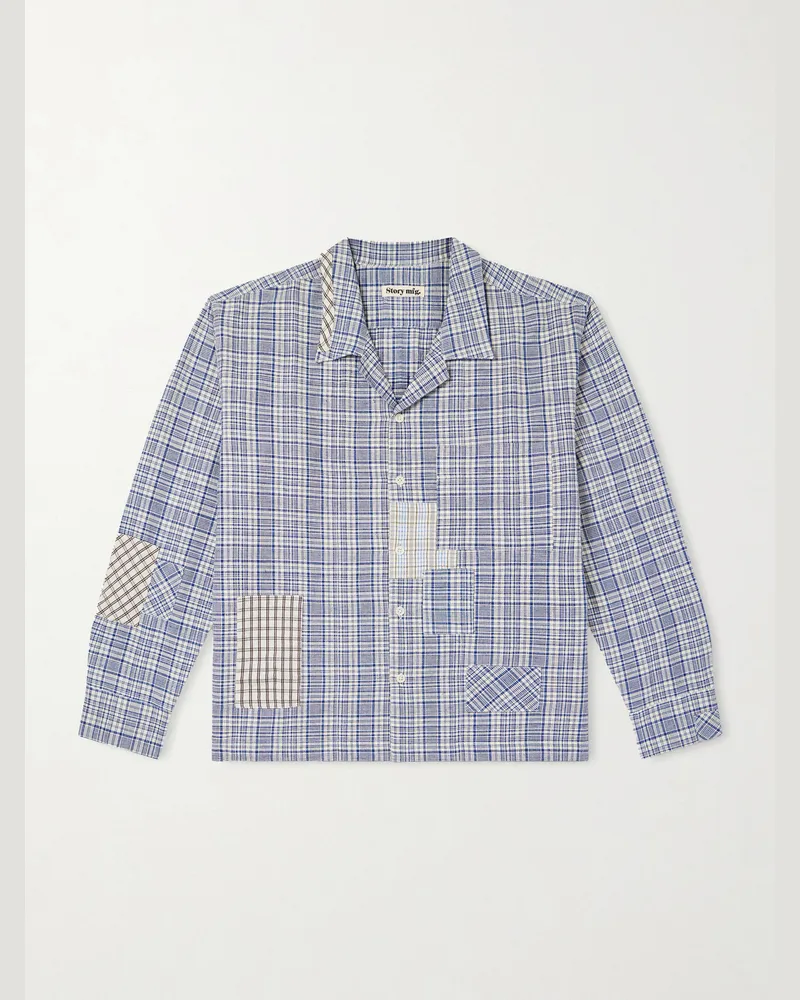 STORY mfg. Greetings kariertes Patchwork-Hemd aus Biobaumwolle mit Reverskragen Blau