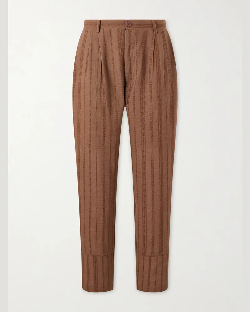 KARDO Antonio Straight-Leg Striped Cotton-Canvas Trousers Brown