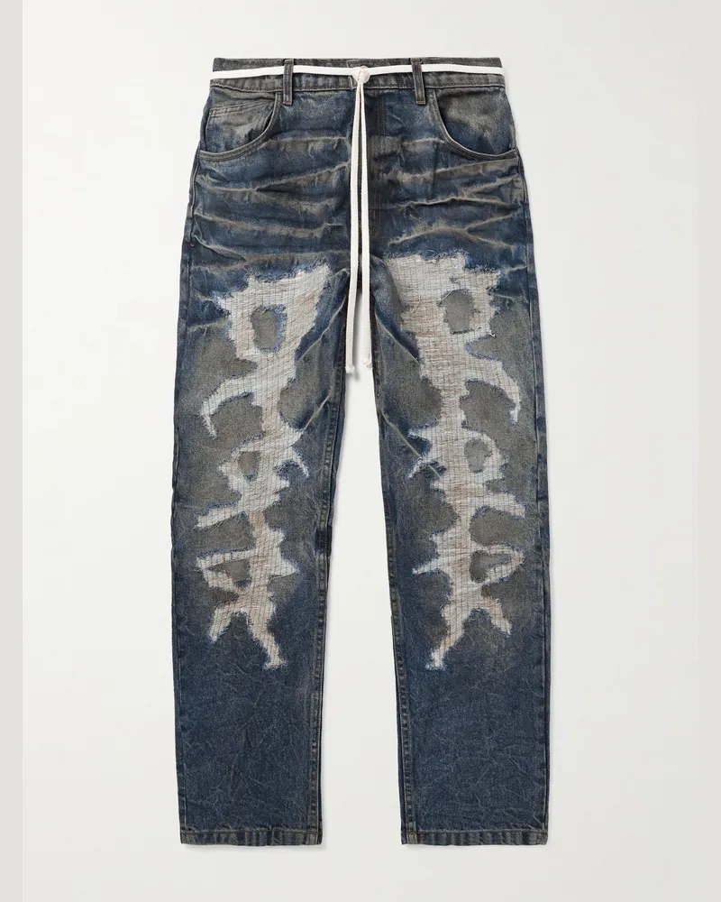 RRR123 Fathers Engine Slim-Fit Straight-Leg Belted Distressed Jeans Blue