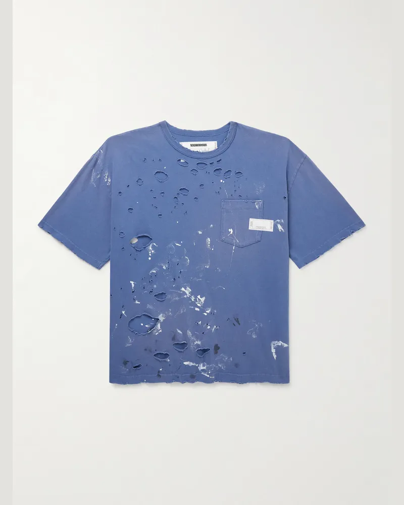 Neighborhood Savage Distressed Paint-Splattered Cotton-Jersey T-Shirt Blue