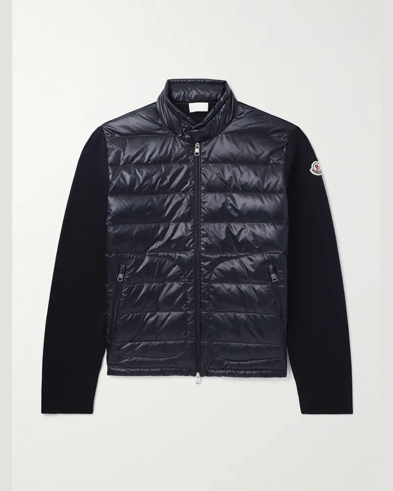 Moncler Schmal geschnittene Jacke aus Wolle und gestepptem Nylon mit Daunenfüllung und Logoapplikation Blau