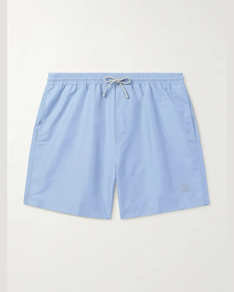 Brunello Cucinelli Gerade geschnittene mittellange Badeshorts mit Logostickerei Blau