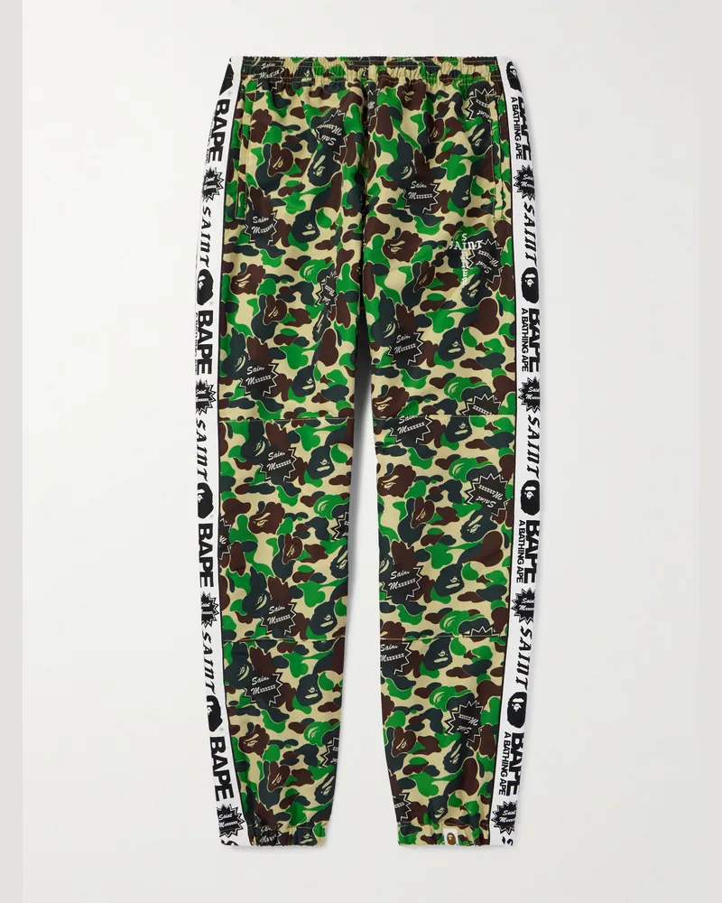 SAINT MXXXXXX BAPE® Straight-Leg Webbing-Trimmed Camouflage-Print Shell Trousers Green