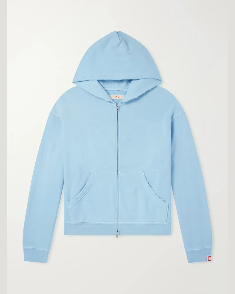 Cherry Los Angeles Distressed Cotton-Fleece Zip-Up Hoodies Blue