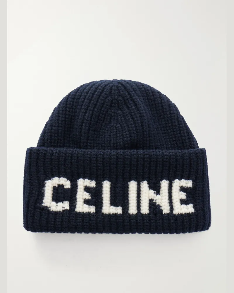 Celine Logo-Jacquard Ribbed Wool And Cashmere-Blend Beanie Blue