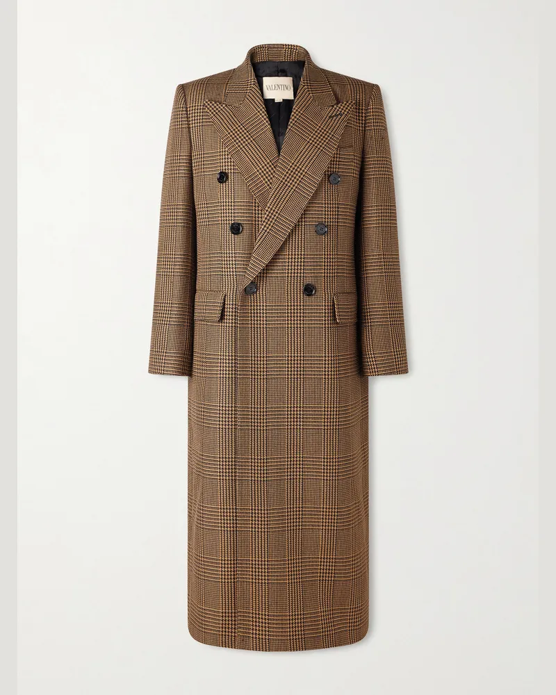 Valentino Garavani Double-Breasted Prince of Wales Checked Virgin Wool Coat Brown