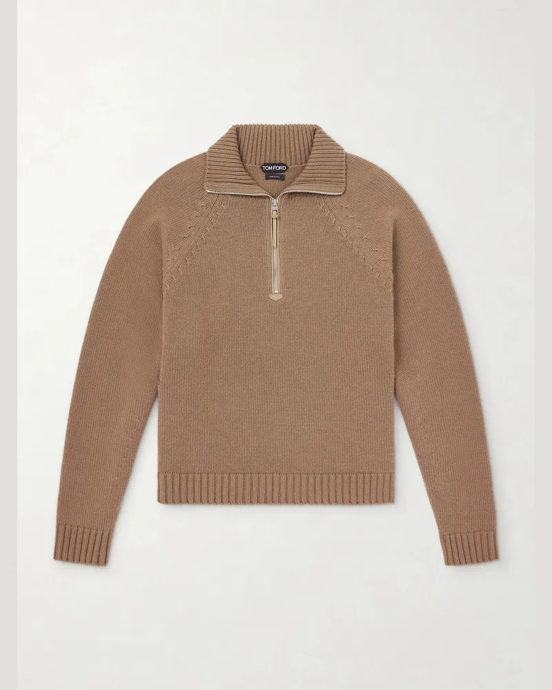 Tom Ford Wool and Cashmere-Blend Half-Zip Sweater Brown