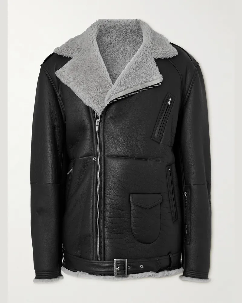 Rick Owens Jumbo Luke Stooges Jacke aus Shearling mit Besatz aus vollnarbigem Leder und Gürtel Schwarz