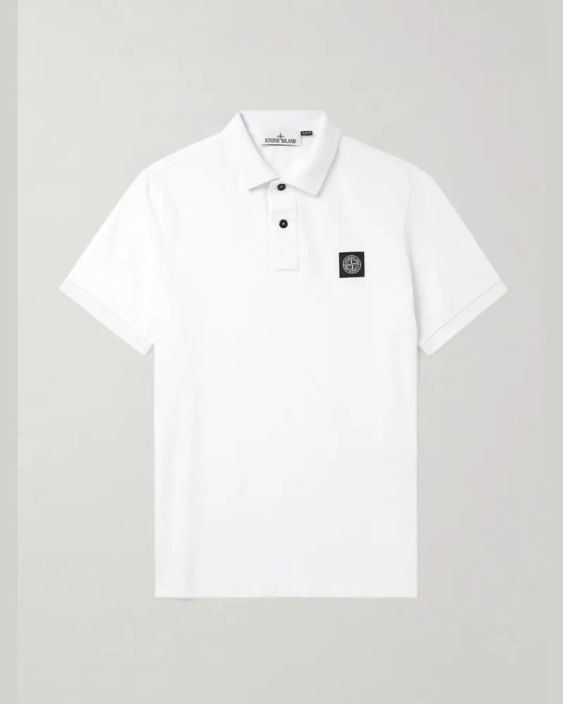 Stone Island Logo-Appliquéd Cotton-Blend Piqué Polo Shirt White