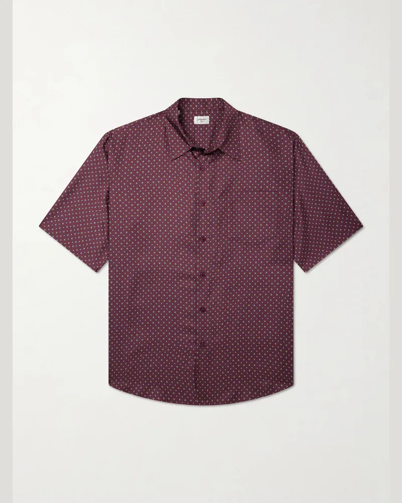Saint Laurent Printed Silk-Satin Polo Shirt Burgundy