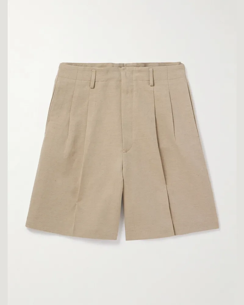 Loro Piana Joetsu Wide-Leg Pleated Cotton and Linen-Blend Twill Shorts Neutrals