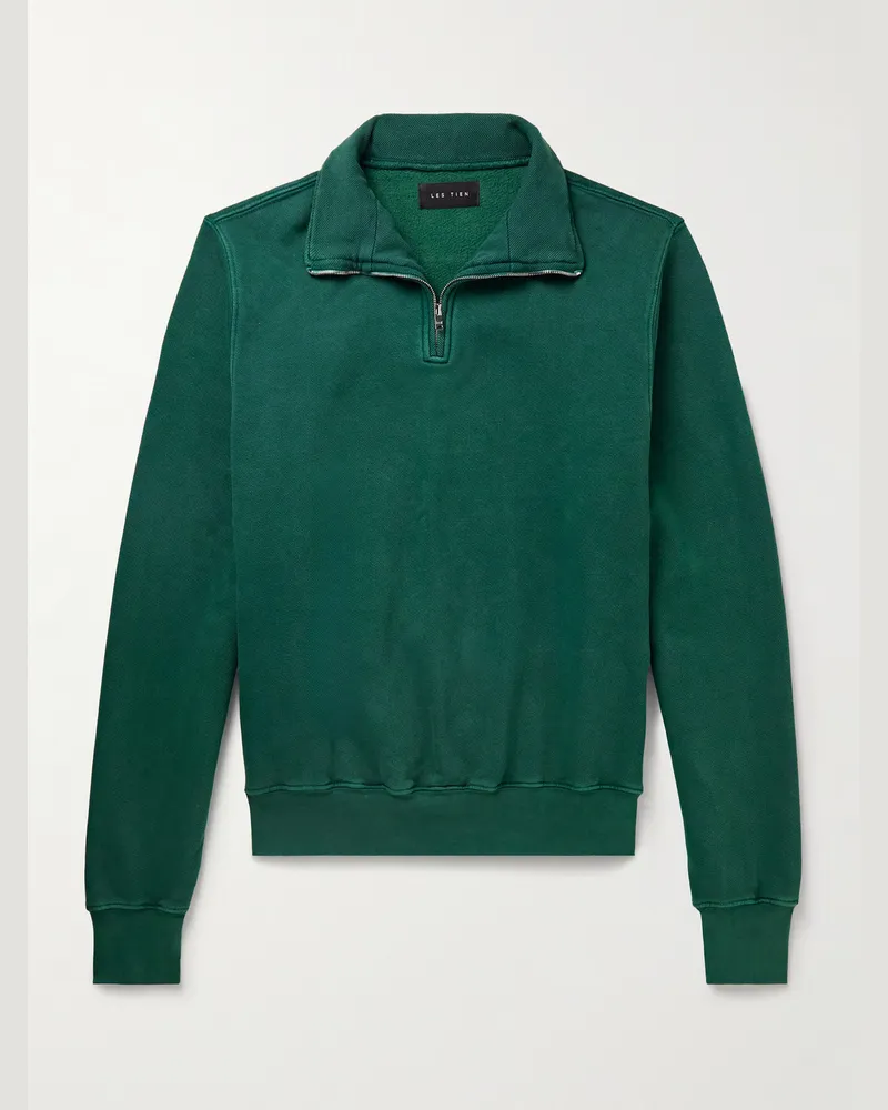 LES TIEN Yacht Sweatshirt aus Baumwoll-Jersey mit kurzem Reißverschluss in Stückfärbung Grün