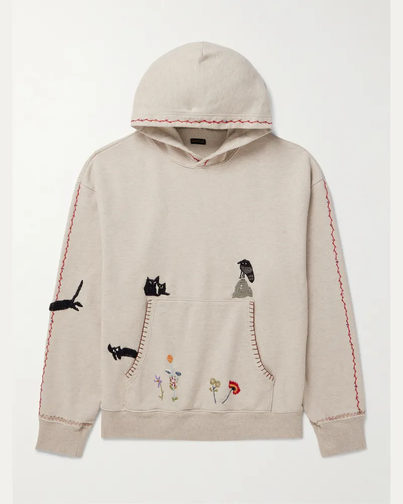 KAPITAL Embroidered Cotton-Jersey Hoodie Neutrals