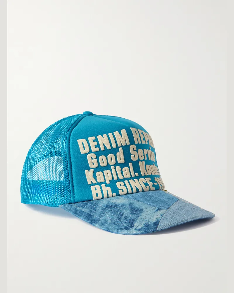 KAPITAL Baseballkappe aus bedrucktem Canvas, Mesh und Denim in Patchwork-Optik Blau
