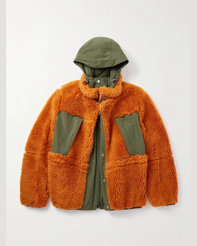 Sacai Kapuzenmantel aus Fleece aus einer Wollmischung mit Shell-Besatz Orange