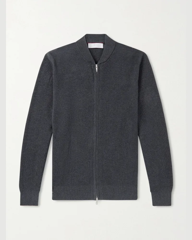 Brunello Cucinelli Ribbed Cotton Zip-Up Sweater Gray