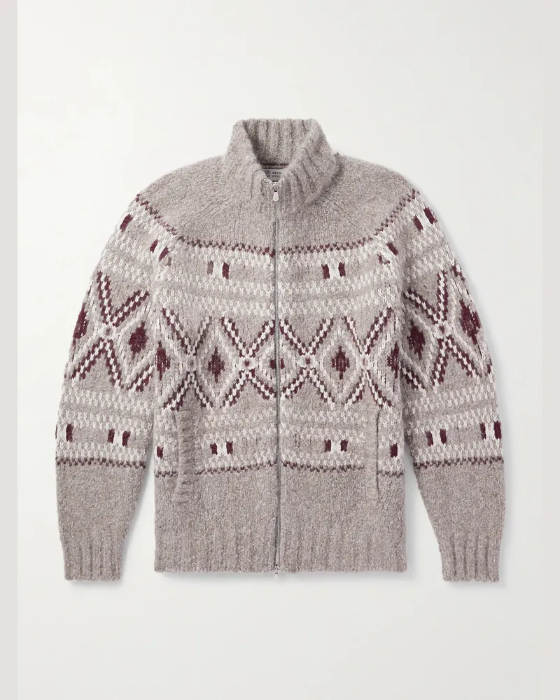 Brunello Cucinelli Cardigan aus Jacquard-Strick aus einer Alpakawollmischung mit Fair-Isle-Muster und Reißverschluss Braun