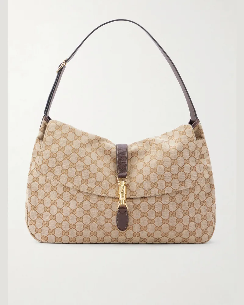 Gucci Jackie Leather-Trimmed GG-Canvas Crossbody Bag Neutrals