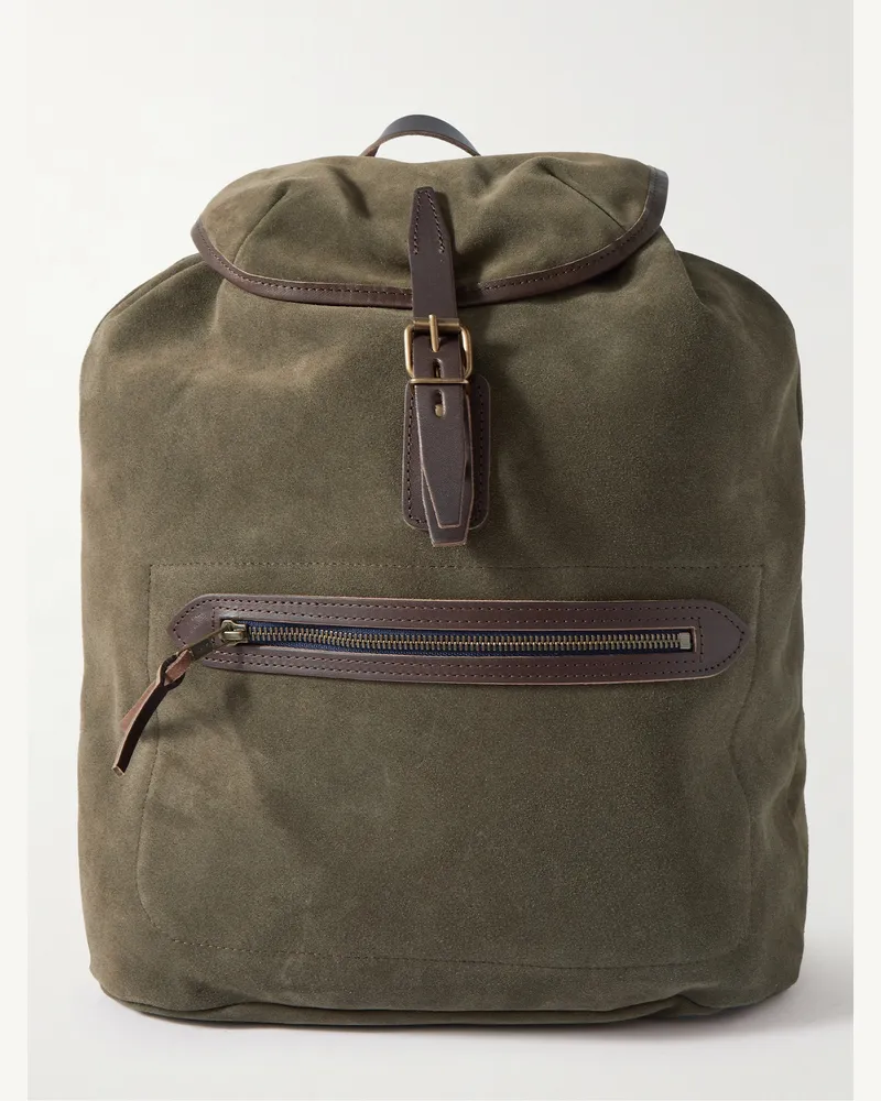 Bleu de Chauffe Camp Leather-Trimmed Suede Backpack Green