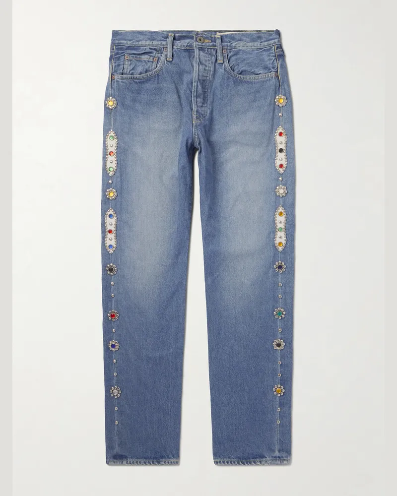 KAPITAL Monkey Cisco Straight-Leg Leather-Trimmed Embellished Jeans Blue